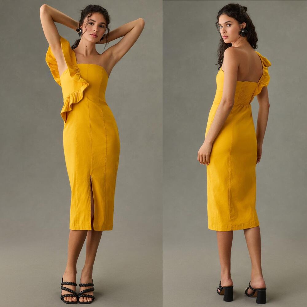 NWT Anthropologie Ruffle One-Shoulder Slim Dress Mango Yellow Orange Medium